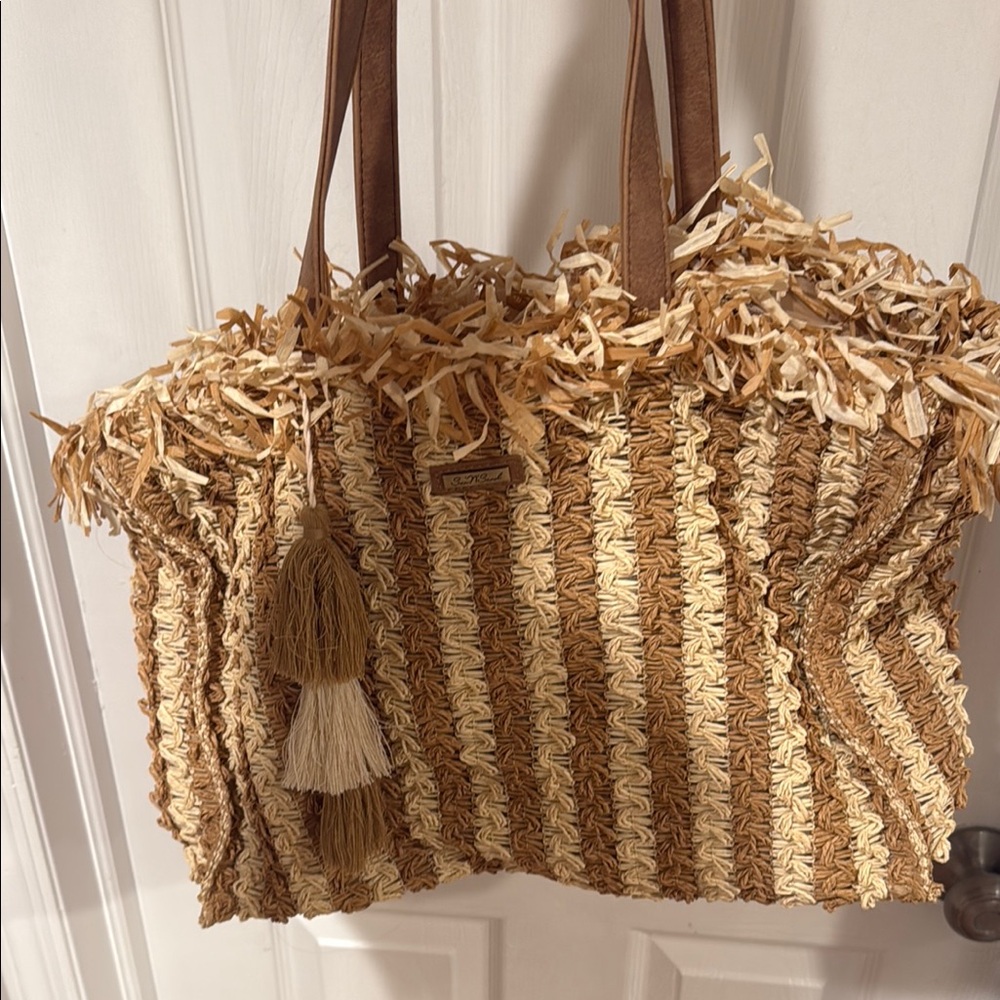Tan and Cream Woven Tote with Leather Handles
